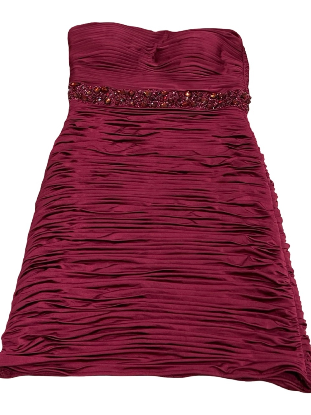 JS Boutique Burgundy Ruched Strapless Dress with Beaded Waist